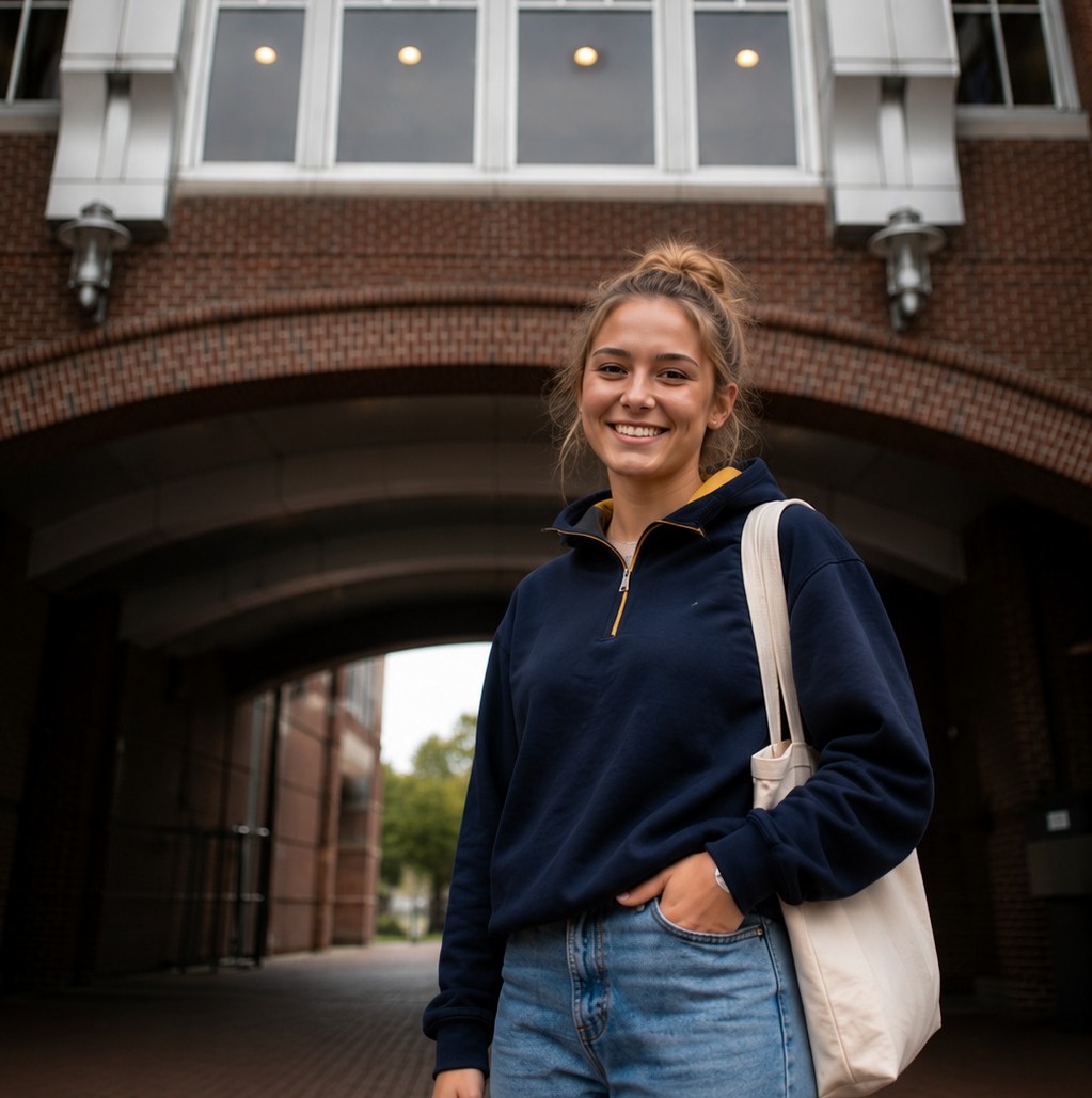 Student lachend voor een universiteitsgebouw, tas over haar schouder